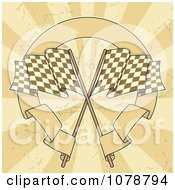 Poster, Art Print Of Two Checkered Racing Flags With A Circular Banner Over Grungy Rays