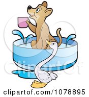 Poster, Art Print Of Goose By A Dog Holding A Cup In A Bath