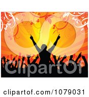 Poster, Art Print Of Silhouetted Concert Crowd Cheering Against Orange Rays And Foliage