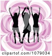 Poster, Art Print Of Three Silhouetted Women Dancing Over A Pink Floral Pattern