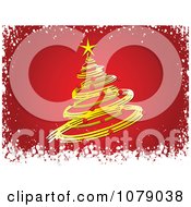 Poster, Art Print Of Golden Christmas Tree On Red With White Snow Grunge Borders