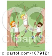 Summer Camp Children Swinging On Ropes On The Woods