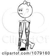 Clipart Black And White Stick Girl Using Crutches Royalty Free Vector Illustration by Pams Clipart
