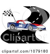 Poster, Art Print Of Red White And Blue Race Car On A Track With A Checkered Flag