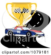 Red White And Blue Race Car On A Track With A Trophy Cup
