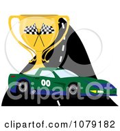 Poster, Art Print Of Green And Blue Race Car On A Track With A Trophy Cup