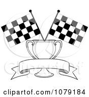 Blank Banner Trophy Cup And Two Checkered Race Flags