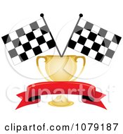 Red Banner Gold Trophy Cup And Two Checkered Race Flags