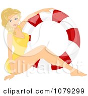 Blond Pinup Woman In A Swimsuit By A Life Buoy