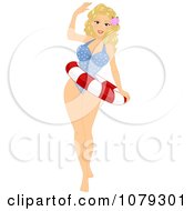 Poster, Art Print Of Blond Pinup Woman In A Swimsuit And Life Buoy