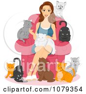 Cat Lady Sitting And Surrounded By Her Pets