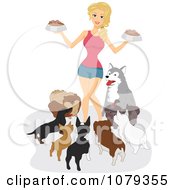 Dog Lady Surrounded By Her Pets At Feeding Time