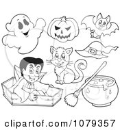 Clipart Outlined Vampire With Halloween Items Royalty Free Vector Illustration