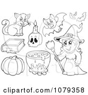 Poster, Art Print Of Outlined Witch And Halloween Items