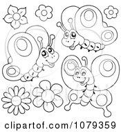 Clipart Outlined Butterflies And Flowers Royalty Free Vector Illustration