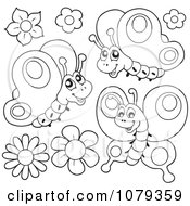 Poster, Art Print Of Outlined Butterflies And Flowers