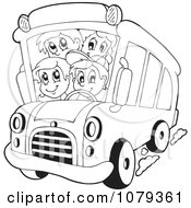 Poster, Art Print Of Outlined School Kids On A Bus