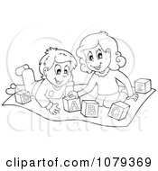 Clipart Outlined Kids Playing With Letter Blocks Royalty Free Vector Illustration