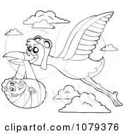Poster, Art Print Of Outlined Flying Stork With A Baby