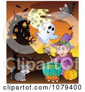 Poster, Art Print Of Halloween Witch Cauldron Ghost Cat And Vampire Near A Haunted House