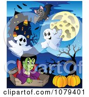Poster, Art Print Of Halloween Vampire With Pumpkins Ghosts And Bats By A Haunted House