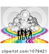 Clipart Silhouetted Dancers On A Rainbow Over Circles And Halftone Royalty Free Vector Illustration