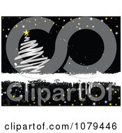 Poster, Art Print Of Grungy Horizontal Black Christmas Background With A Silver Tree And Stars