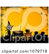 Black Cat And Witch Cauldron By A Jackolantern In A Cemetery With A Grunge Border Over Yellow