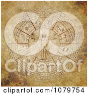 Poster, Art Print Of Vitruvian Man In The Center Of An Aged Zodiac Circle