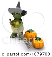 Poster, Art Print Of 3d Halloween Tortoise Witch With A Broom And Pumpkins