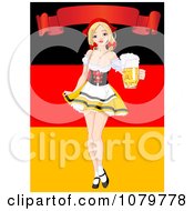 Clipart Oktoberfest Pinup Holding Out A Pint Of Beer Under A Banner And Over A German Flag Royalty Free Vector Illustration