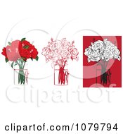 Poster, Art Print Of Sets Of 6 Red And Black Floral Arrangements Of Roses In Vases