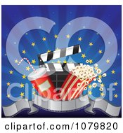 Poster, Art Print Of 3d Film Strip Banner With Popcorn Soda And A Clapper Over Blue Rays And Gold Stars