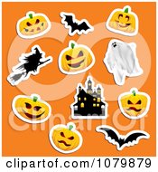 Poster, Art Print Of Jackolantern Ghost Witch Haunted House And Bat Halloween Stickers On Orange