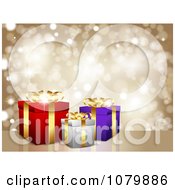 Clipart Golden Sparkly Background With 3d Gifts Royalty Free Vector Illustration