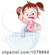 Poster, Art Print Of Brunette Girl Brushing Her Teeth Over A Sink