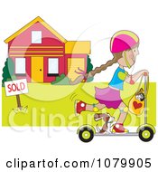 Girl And Dog Riding A Scooter Past A Sold House