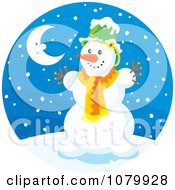 Poster, Art Print Of Snowman And Crescent Moon On A Snowing Winter Night