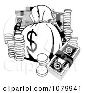 Poster, Art Print Of Black And White Money Bag With Cash And Coins