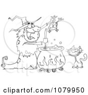 Poster, Art Print Of Outlined Cat Watching An Ugly Halloween Witch Holding A Frog Over A Cauldron