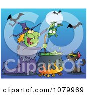 Poster, Art Print Of Cat Watching A Green Halloween Witch Holding A Frog Over A Cauldron