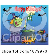 Poster, Art Print Of Happy Holidays Greeting Over A Green Halloween Witch Making A Potion