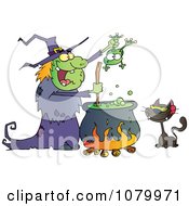Poster, Art Print Of Cat Watching An Ugly Halloween Witch Holding A Frog Over A Cauldron