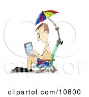 A Man In Swimming Gear Seated In A Beach Chair Under An Umbrella Surfing The Internet On A Laptop Computer Clipart Illustration by Spanky Art #COLLC10800-0019
