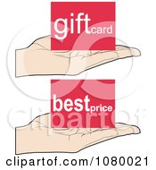 Clipart Hands Holding Gift And Best Price Cards Royalty Free Vector Illustration