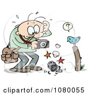 Clipart Toon Guy Holding A Broken Camera And A Confused Bird On A Post Royalty Free Vector Illustration