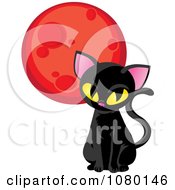 Poster, Art Print Of Sitting Black Cat And Red Moon