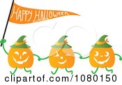 Clipart Pumpkins Walking And Holding Hands With A Halloween Flag Royalty Free Vector Illustration