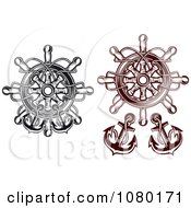 Poster, Art Print Of Black And Brown Nautical Helms And Anchors