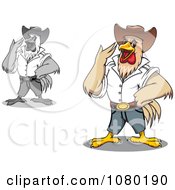 Clipart Colored And Grayscale Cowboy Roosters Royalty Free Vector Illustration by Vector Tradition SM